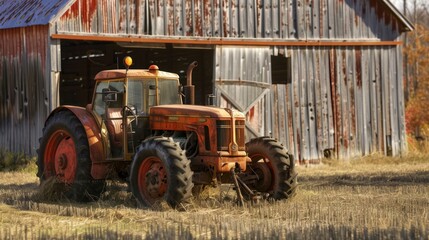 Poster - Vintage tractor parked in front of old barn.