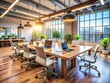 © Adisorn - Brightly lit modern office space with empty chairs and laptops around a large wooden table, conveying a sense of collaboration and successful teamwork atmosphere.