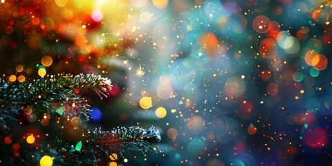 Wall Mural - Christmas tree with colorful lights and bokeh Christmas tree branch glowing festive background holiday celebration concept