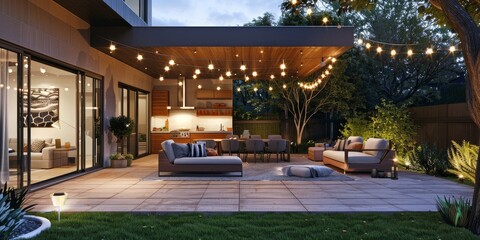 Poster - A contemporary outdoor patio with lounge furniture and string lights, perfect for al fresco dining and entertaining