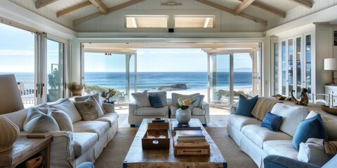 Poster - A beach house living room with coastal decor and ocean views, epitomizing relaxed coastal living