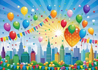 colorful vector illustration of rainbow confetti, balloons, and flags decorating a cityscape with a 