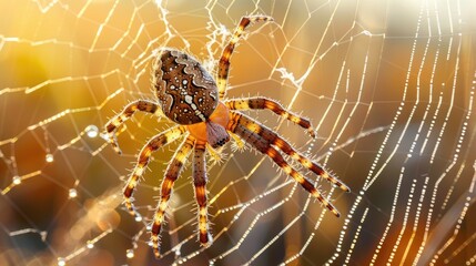 large spider s female crawls on the web with a bright background