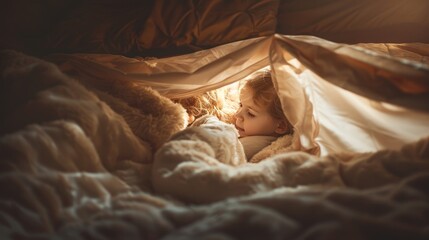 Canvas Print - Little Girl Hiding Under Blanket With Teddy Bear.