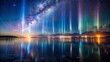 © StudioATC - Serene nocturnal landscape featuring vibrant light pillars dancing across dark waves, mirrored on calm sea surface with starry celestial backdrop.