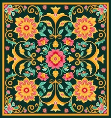 Wall Mural - Traditional Chinese pattern with a green background and pink and yellow accents in a symmetrical composition. 