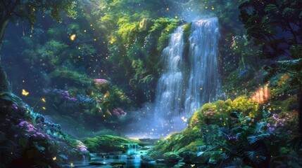 Wall Mural - A magical waterfall hidden deep in a green forest. Surrounding the waterfall are unusual, AI Generative