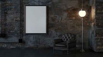 Poster - Industrial Interior with Empty Frame and Leather Chair.