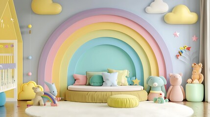 Wall Mural - Cute childs room interior with beautiful rainbow painted on wall