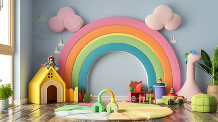 Wall Mural - Cute childs room interior with beautiful rainbow painted on wall