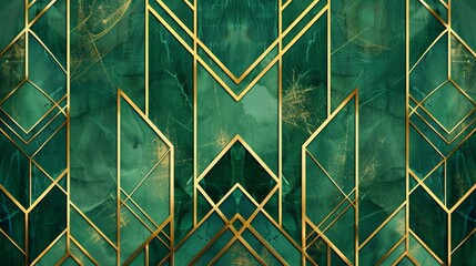 Art Deco pattern with gold lines on emerald green background