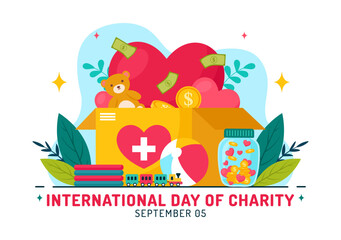 Wall Mural - Vector Illustration for International Day of Charity on September 5th with a Donation Package, Love Concept Background by Volunteer in Flat Cartoon