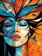 Wall Mural - A woman's face is depicted in a digital painting style, surrounded by colorful feathers and butterflies