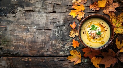 Canvas Print - Concept of fall food with cream soup bowl on rustic backdrop with space for text