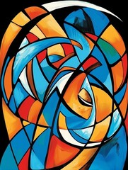 Wall Mural - An abstract painting with a complex composition featuring intertwining shapes in shades of blue, orange, and red on a black background