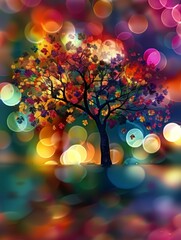 Poster - A lone tree with colorful leaves stands in the foreground against a background of out-of-focus lights