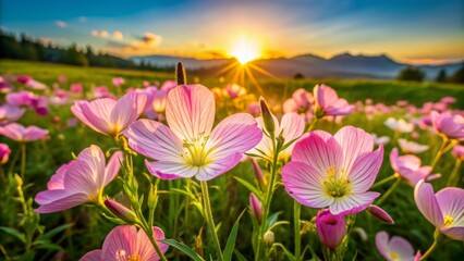 Sticker - Vibrant pink evening primrose flowers bloom in a lush green meadow, bathed in warm golden light of a serene sunset.