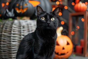 Wall Mural - Black cat with yellow eyes in front of Halloween pumpkins and decorations.