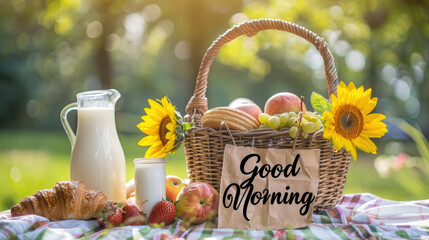 Wall Mural - an elegant breakfast spread with fresh fruits, croissants and milk on the table, sunflowers in a basket behind it, the word 