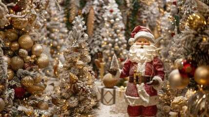 Wall Mural - Metallic Santa Claus and shiny Christmas trees in festive display