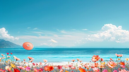 Canvas Print - Summer Beach Flowers with Blue Sky and Ocean.