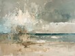© pham - An abstract painting depicting a coastal scene with a blue ocean, sandy beach, and a cloudy sky