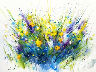 Wall Mural - An abstract watercolor painting of a vibrant wildflower bouquet, featuring blue, green, yellow, and purple hues