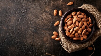 Poster - Almonds in Dark Brown Bowl on Burlap Sack with Copy Space