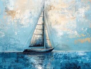 Wall Mural - A sailboat with white sails floats on blue water with a white and light blue sky above