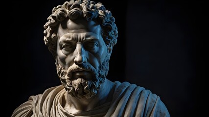 A stoic bust of Marcus Aurelius, sculpted from weathered marble with cracks and veins that hint at the passage of time, bathed in dramatic chiaroscuro lighting that accentuates Generative AI