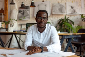 Wall Mural - African male architect sitting at his workplace