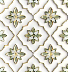 Poster - 3D render of a simple pattern on a white background with golden and olive green accents in the style of a simple flower shape.