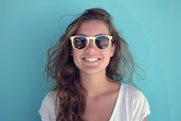 Wall Mural - Cheerful young woman in sunglasses against blue background