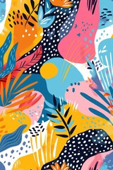 Wall Mural - Vibrant Abstract Pattern of Leaves, Flowers, and Shapes on Blue, Orange, and Yellow Background Artistic Floral Design for Fashion and Beauty Inspiration