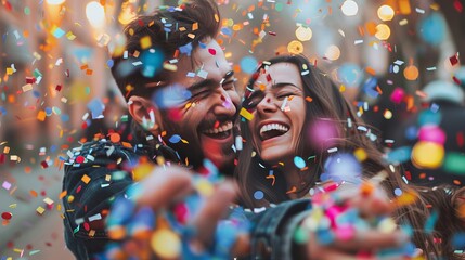 Poster - A couple celebrating their engagement with a confetti popper, capturing the moment.