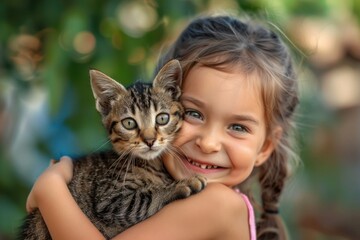 Little girl holding her cat close and smile happily