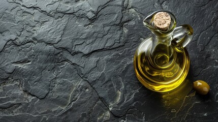 Poster - Top view of olive oil in glass jar on black stone background with space for text