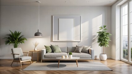 Sleek white minimalist frame suspended on a wall amidst modern living room's subtle decor, awaiting artistic expression and design showcase.