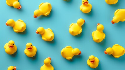 Bright yellow rubber ducks arranged on a rich azure background