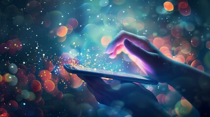 Enchanting Abstract Illustration of Hand Using Smartphone Amidst Colorful Bokeh Lights and Digital Sparkles.