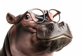 A close-up, humorous image of a hippo wearing glasses on a white background, capturing a fun and whimsical moment.