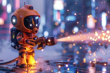 Robot firefighter extinguishing a fire in a futuristic city in 3D render cartoon style , generated by ai