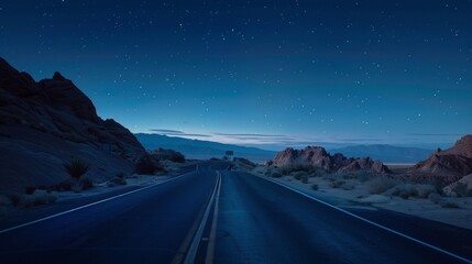 Sticker - A desert highway at dusk, with the sky turning deep blue and the first stars beginning to twinkle above.