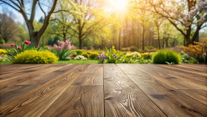 Wall Mural - Close-up of new, earthy brown matte oak textured laminate flooring with subtle wood grain, set against a blurred, lush spring garden background.