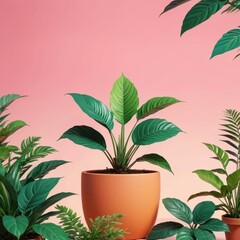 Wall Mural - Green Plants on Pink Background.