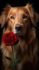 Poster - a dog with a flower in his mouth and a red flower.