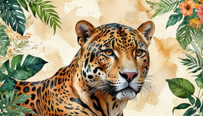 Wall Mural - Jaguar Portrait with Tropical Leaves.