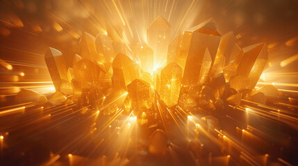Wall Mural - Abstract Geometric Crystal with Golden Light Rays and Glowing Effects on Symmetrical Design