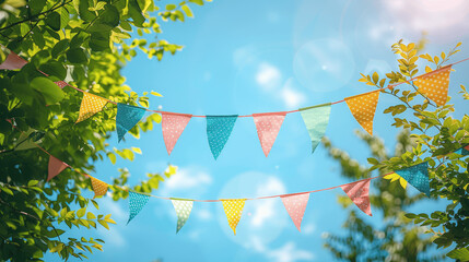 Wall Mural - vibrant bunting flags in green tree leaves on blue sky background, summer party banner template with copy space