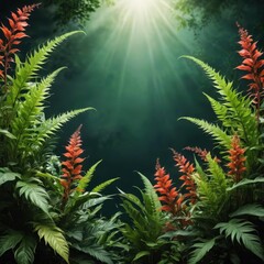 Poster - Lush Rainforest with Red Flowers and Sunbeams.